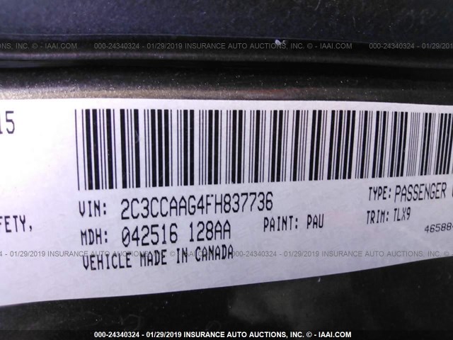 2C3CCAAG4FH837736 - 2015 CHRYSLER 300 LIMITED GRAY photo 9