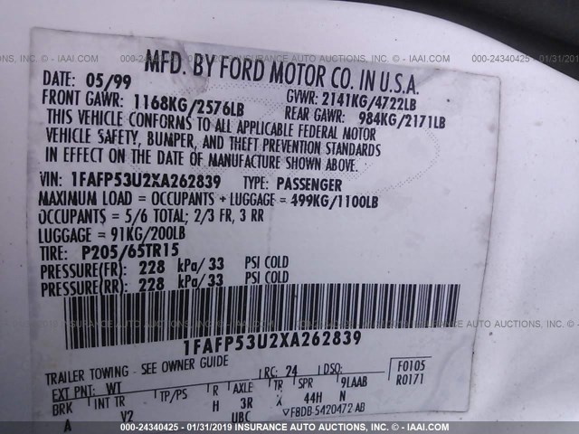 1FAFP53U2XA262839 - 1999 FORD TAURUS SE WHITE photo 9