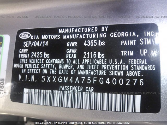 5XXGM4A75FG400276 - 2015 KIA OPTIMA LX GRAY photo 9