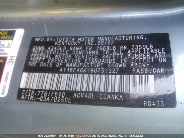 4T1BE46K18U751327 - 2008 TOYOTA CAMRY CE/LE/XLE/SE GREEN photo 9