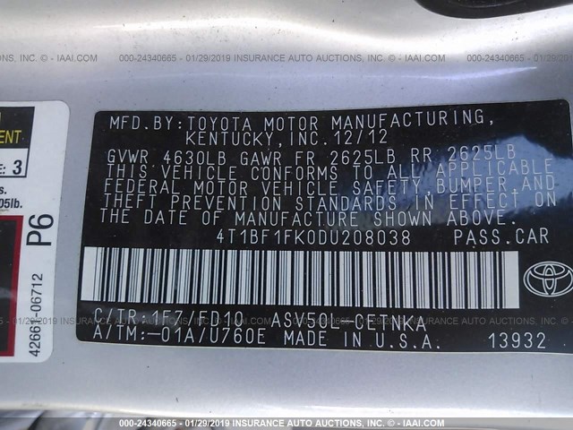 4T1BF1FK0DU208038 - 2013 TOYOTA CAMRY L/SE/LE/XLE 银色 照片 9