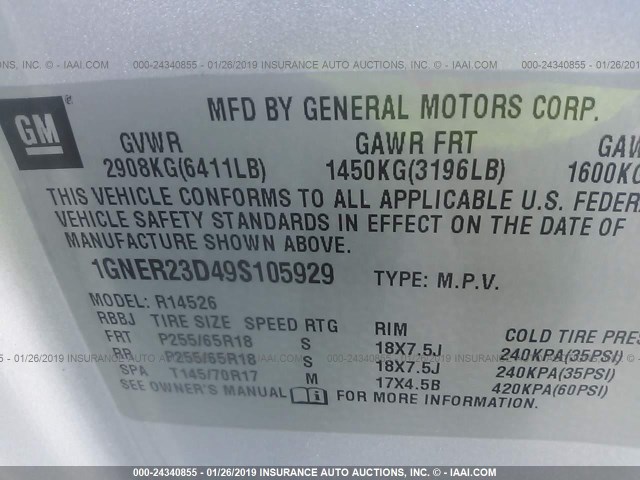 1GNER23D49S105929 - 2009 CHEVROLET TRAVERSE LT SILVER photo 9