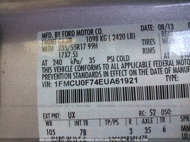 1FMCU0F74EUA61921 - 2014 FORD ESCAPE S SILVER photo 9