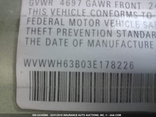 WVWWH63B03E178226 - 2003 VOLKSWAGEN PASSAT GLX 绿色 照片 9