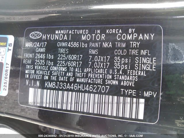 KM8J33A46HU462707 - 2017 HYUNDAI TUCSON LIMITED/SPORT AND ECO/SE BLACK photo 9