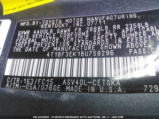 4T1BF3EK1BU759296 - 2011 TOYOTA CAMRY SE/LE/XLE 灰色 照片 9