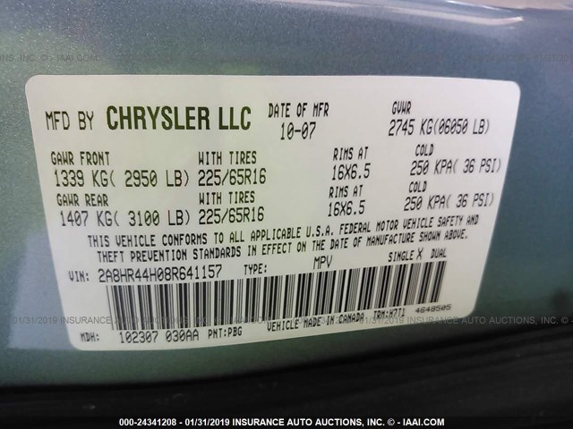2A8HR44H08R641157 - 2008 CHRYSLER TOWN & COUNTRY LX TURQUOISE photo 9
