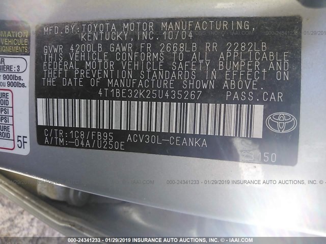 4T1BE32K25U435267 - 2005 TOYOTA CAMRY LE/XLE/SE SILVER photo 9