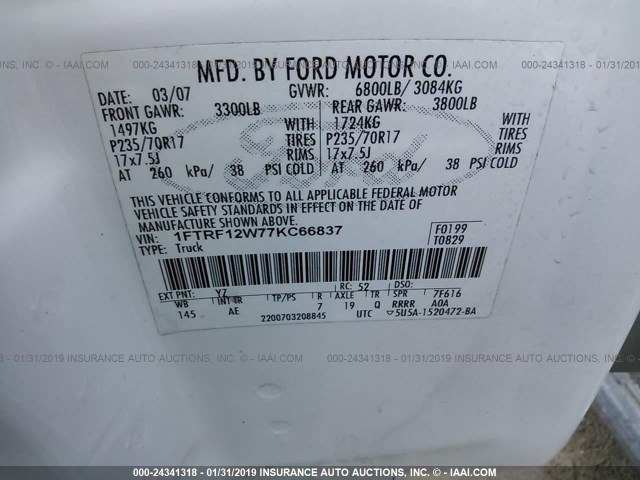 1FTRF12W77KC66837 - 2007 FORD F150 WHITE photo 9