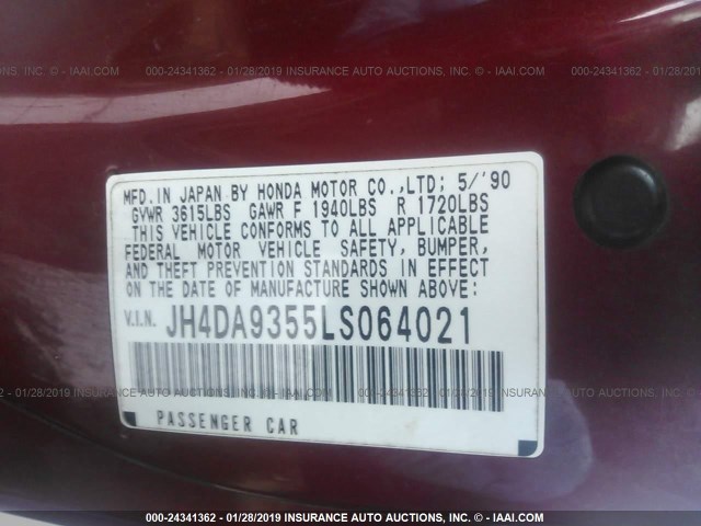 JH4DA9355LS064021 - 1990 ACURA INTEGRA LS BURGUNDY photo 9