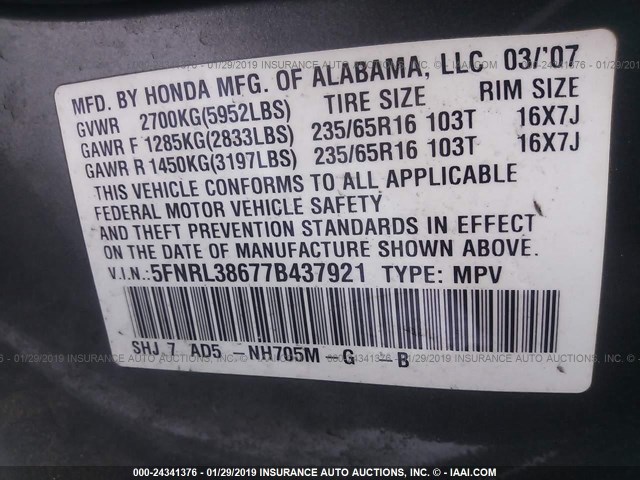 5FNRL38677B437921 - 2007 HONDA ODYSSEY EXL GRAY photo 9