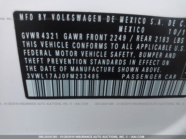 3VWL17AJ0FM233485 - 2015 VOLKSWAGEN JETTA SEL WHITE photo 9