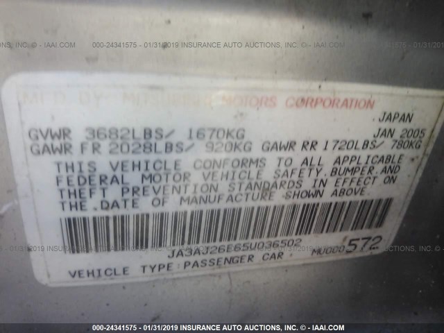 JA3AJ26E65U036502 - 2005 MITSUBISHI LANCER ES SILVER photo 9