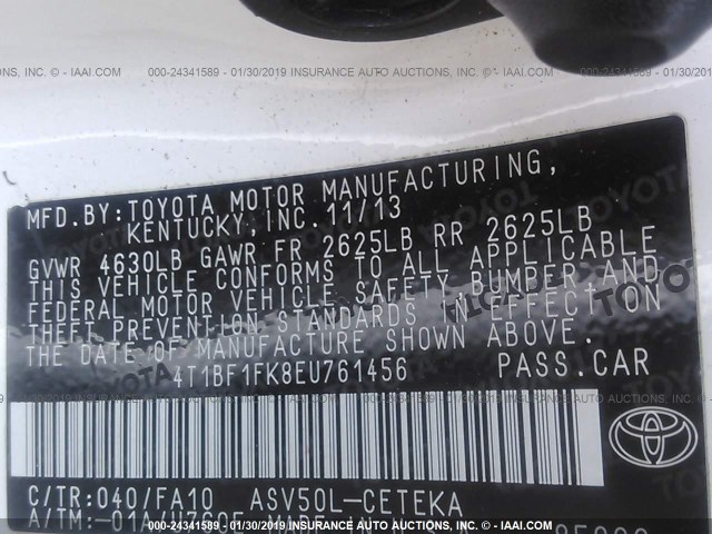 4T1BF1FK8EU761456 - 2014 TOYOTA CAMRY L/SE/LE/XLE 白色 照片 9