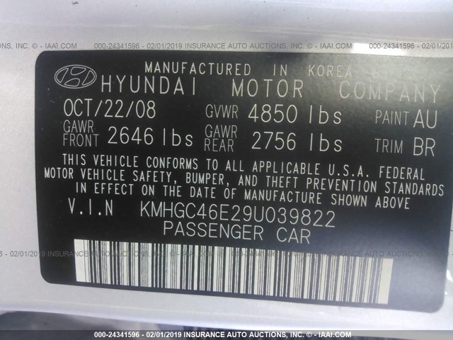 KMHGC46E29U039822 - 2009 HYUNDAI GENESIS 3.8L SILVER photo 9