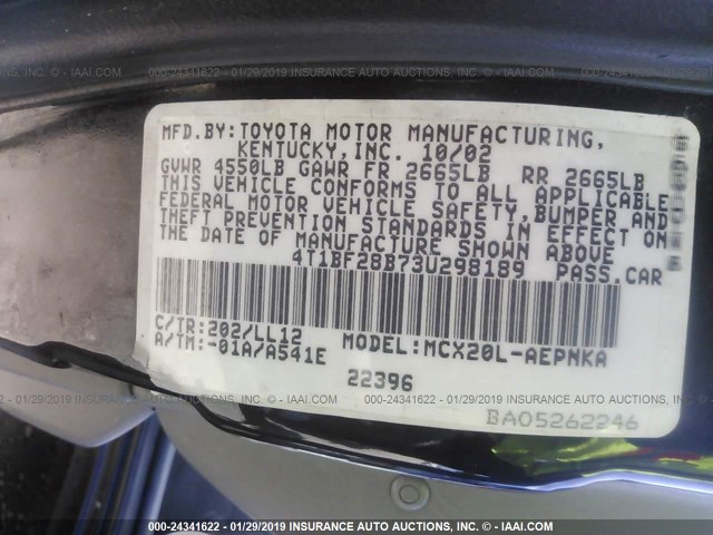 4T1BF28B73U298189 - 2003 TOYOTA AVALON XL/XLS BLACK photo 9