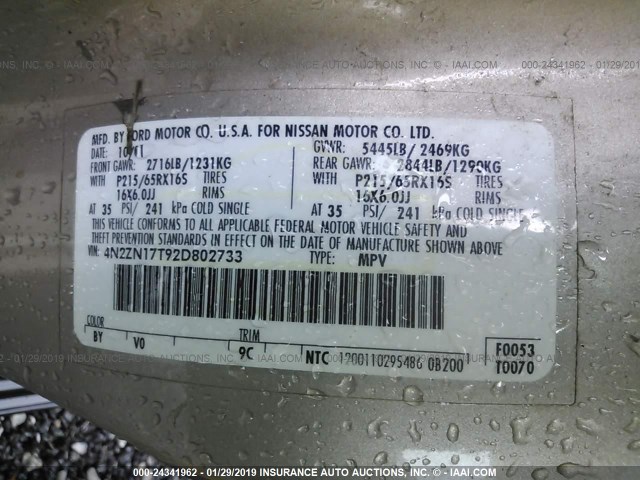 4N2ZN17T92D802733 - 2002 NISSAN QUEST GLE Champagne photo 9