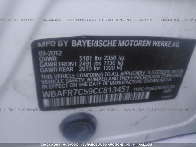 WBAFR7C59CC813451 - 2012 BMW 535 I WHITE photo 9