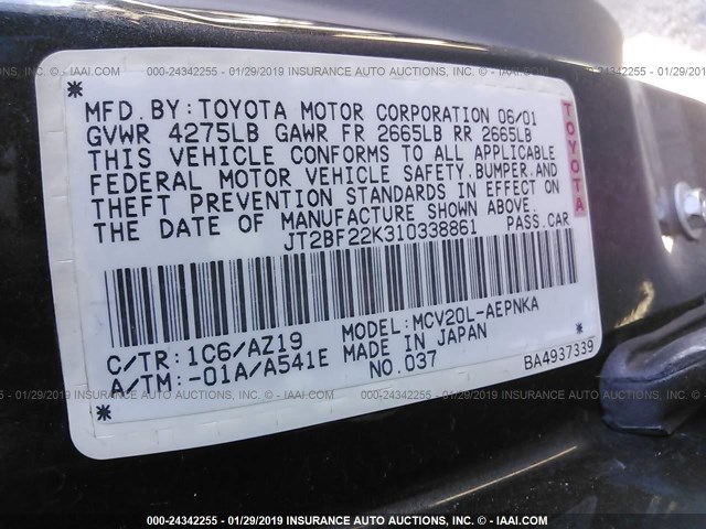 JT2BF22K310338861 - 2001 TOYOTA CAMRY GRAY photo 9