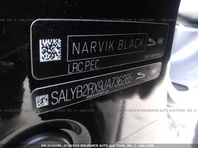 SALYB2RX9JA736285 - 2018 LAND ROVER RANGE ROVER VELAR S BLACK photo 9