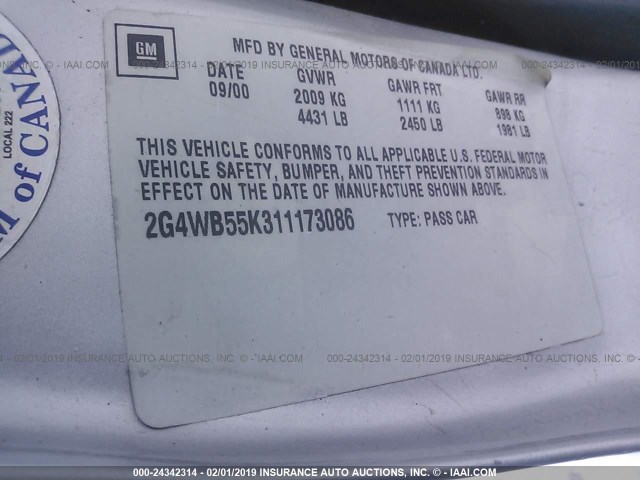 2G4WB55K311173086 - 2001 BUICK REGAL LS SILVER photo 9