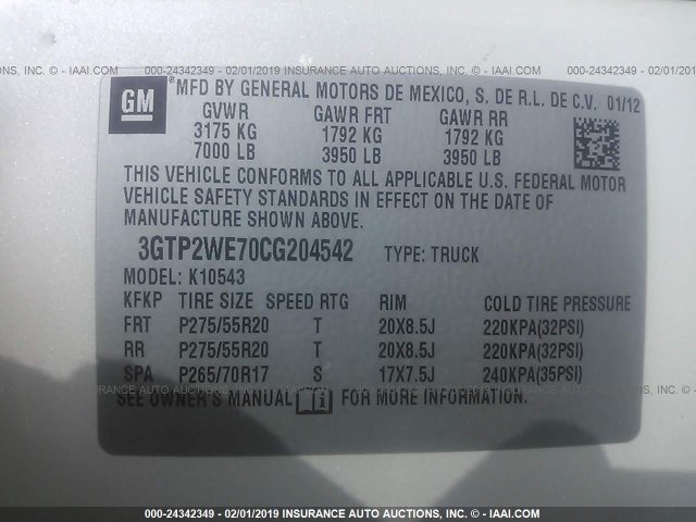 3GTP2WE70CG204542 - 2012 GMC SIERRA K1500 SLT WHITE photo 9