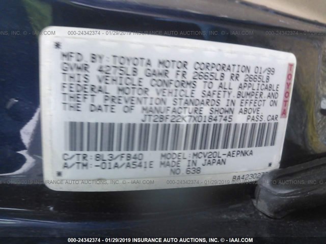 JT2BF22K7X0184745 - 1999 TOYOTA CAMRY LE/XLE 蓝色 照片 9