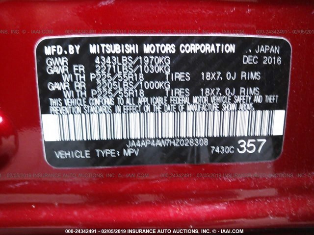 JA4AP4AW7HZ028308 - 2017 MITSUBISHI OUTLANDER SPORT SEL RED photo 9