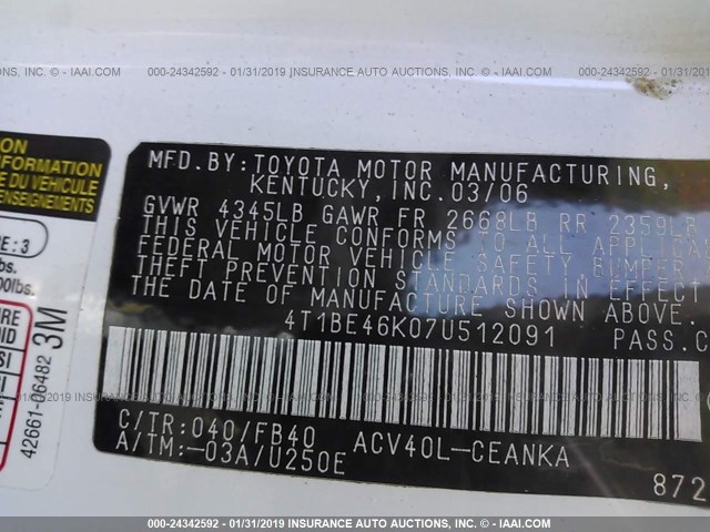 4T1BE46K07U512091 - 2007 TOYOTA CAMRY NEW GENERAT CE/LE/XLE/SE WHITE photo 9