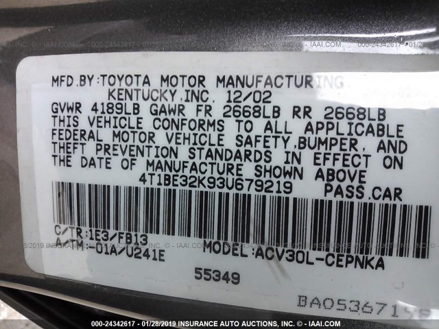 4T1BE32K93U679219 - 2003 TOYOTA CAMRY LE/XLE/SE GRAY photo 9
