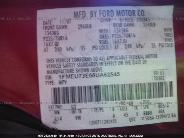 1FMEU73E68UA62545 - 2008 FORD EXPLORER XLT RED photo 9