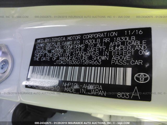 JTDKDTB36G1589663 - 2016 TOYOTA PRIUS C WHITE photo 9