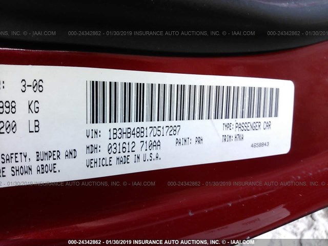 1B3HB48B17D517287 - 2007 DODGE CALIBER SXT RED photo 9