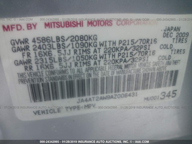 JA4AT2AW9AZ006431 - 2010 MITSUBISHI OUTLANDER ES SILVER photo 9