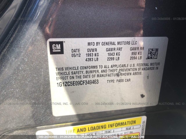 1G1ZC5E09CF349463 - 2012 CHEVROLET MALIBU 1LT GRAY photo 9