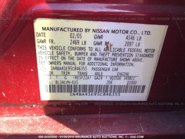 1N4BA41E95C846355 - 2005 NISSAN MAXIMA SE/SL RED photo 9