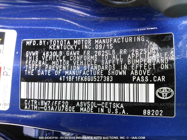 4T1BF1FK6GU527383 - 2016 TOYOTA CAMRY LE/XLE/SE/XSE BLUE photo 9