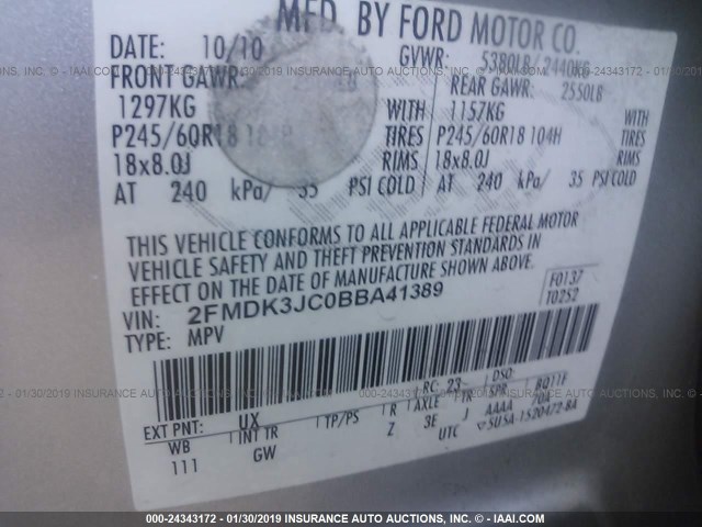 2FMDK3JC0BBA41389 - 2011 FORD EDGE SEL GRAY photo 9