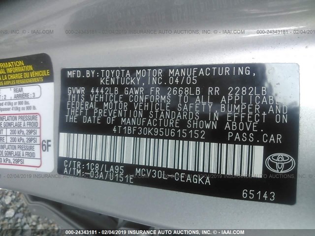 4T1BF30K95U615152 - 2005 TOYOTA CAMRY LE/XLE/SE SILVER photo 9