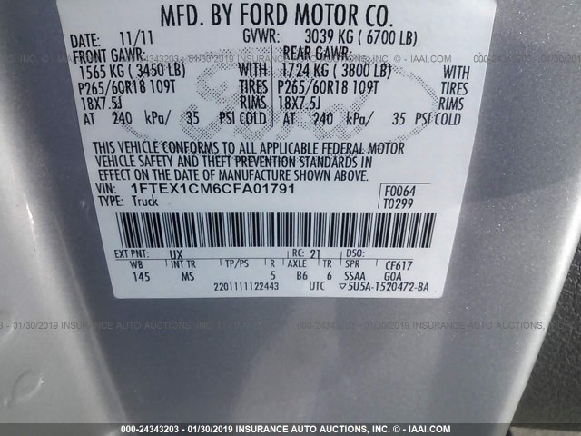 1FTEX1CM6CFA01791 - 2012 FORD F150 SUPER CAB SILVER photo 9