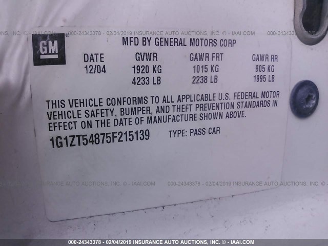 1G1ZT54875F215139 - 2005 CHEVROLET MALIBU LS WHITE photo 9