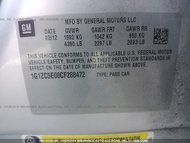 1G1ZC5E00CF288472 - 2012 CHEVROLET MALIBU 1LT 银色 照片 9