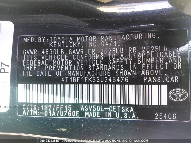 4T1BF1FK5GU245476 - 2016 TOYOTA CAMRY LE/XLE/SE/XSE BLUE photo 9