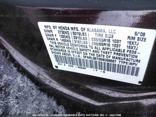 5FNRL38728B098687 - 2008 HONDA ODYSSEY EXL MAROON photo 9