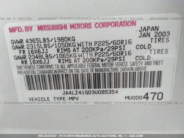 JA4LZ41G03U085354 - 2003 MITSUBISHI OUTLANDER XLS WHITE photo 9