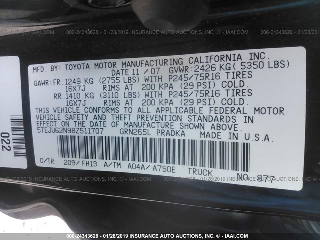 5TEJU62N98Z511707 - 2008 TOYOTA TACOMA DOUBLE CAB PRERUNNER BLACK photo 9