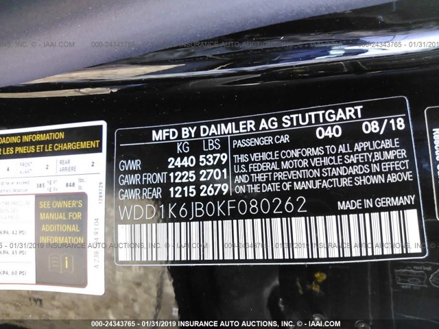 WDD1K6JB0KF080262 - 2019 MERCEDES-BENZ E 450 4MATIC BLACK photo 9