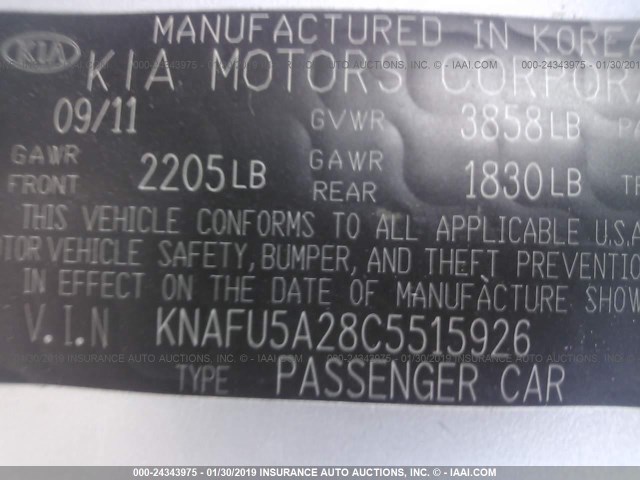 KNAFU5A28C5515926 - 2012 KIA FORTE EX SILVER photo 9