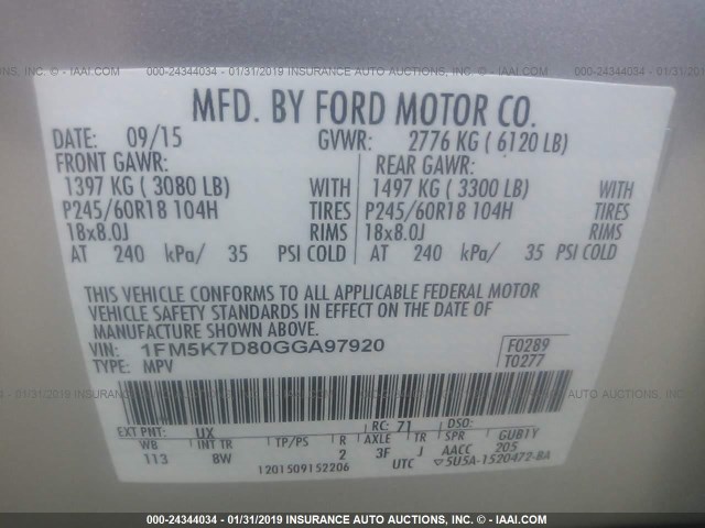 1FM5K7D80GGA97920 - 2016 FORD EXPLORER XLT GRAY photo 9