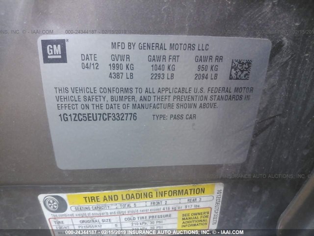 1G1ZC5EU7CF332776 - 2012 CHEVROLET MALIBU 1LT BROWN photo 9